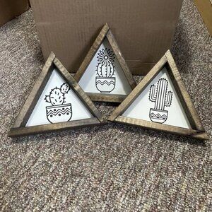 Hand Crafted Wooden Triangle Framed Art - Potted Cactus Design - Set of 3